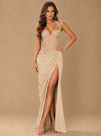Sweetheart Halter Prom Dress Pleated Lace Floral Formal Dress with Slit