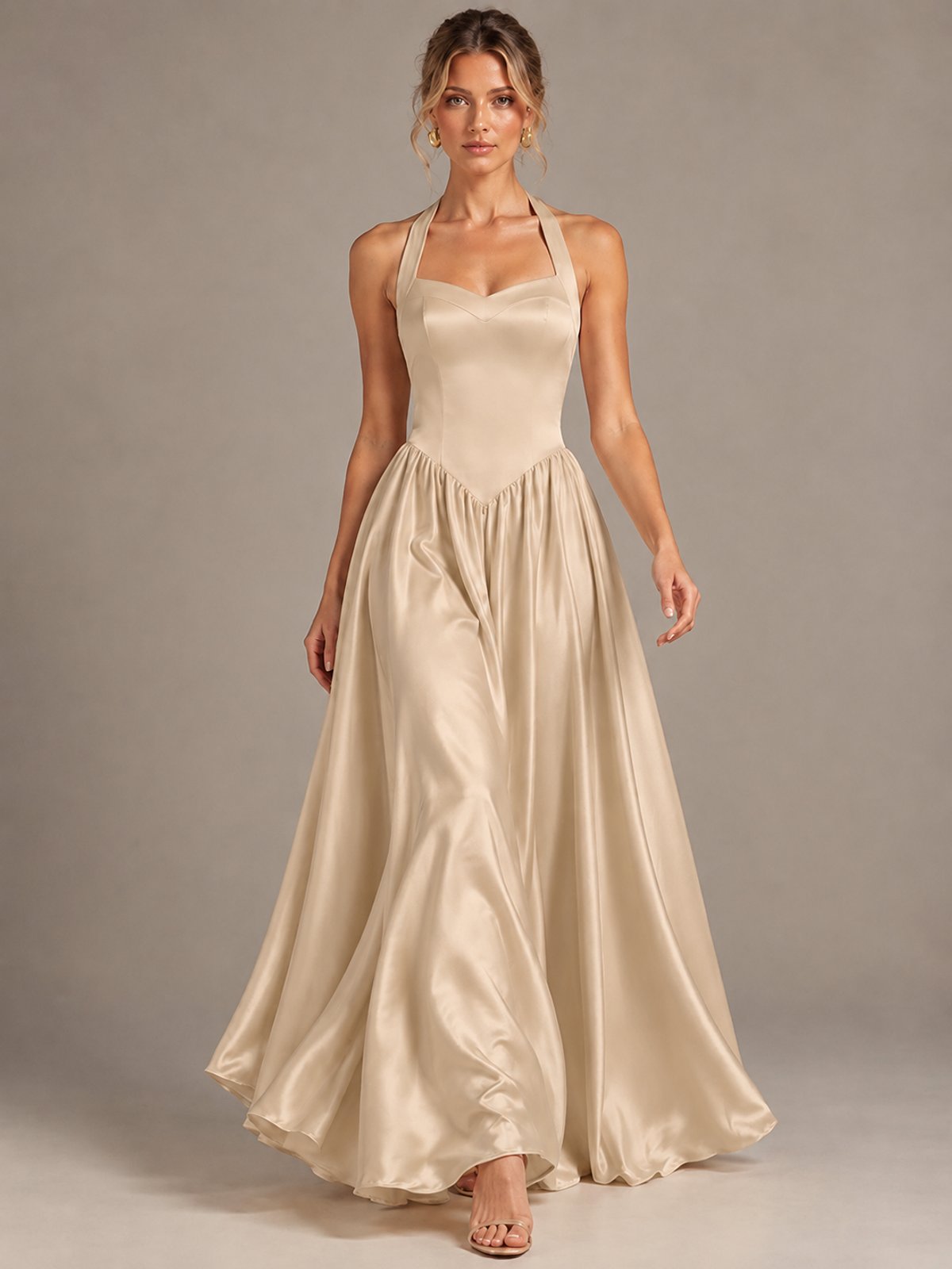 Light Yellow Halter Neck Satin A-Line Maxi Dress with Pockets