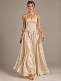 Light Yellow Halter Neck Satin A-Line Maxi Dress with Pockets