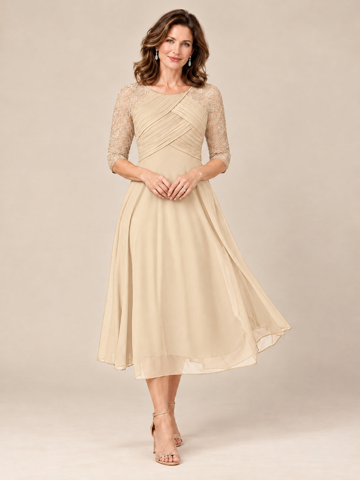 Champagne-Lace Applique Pleated Tea Length Mother of The Bride Dresses