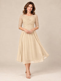 Champagne-Lace Applique Pleated Tea Length Mother of The Bride Dresses