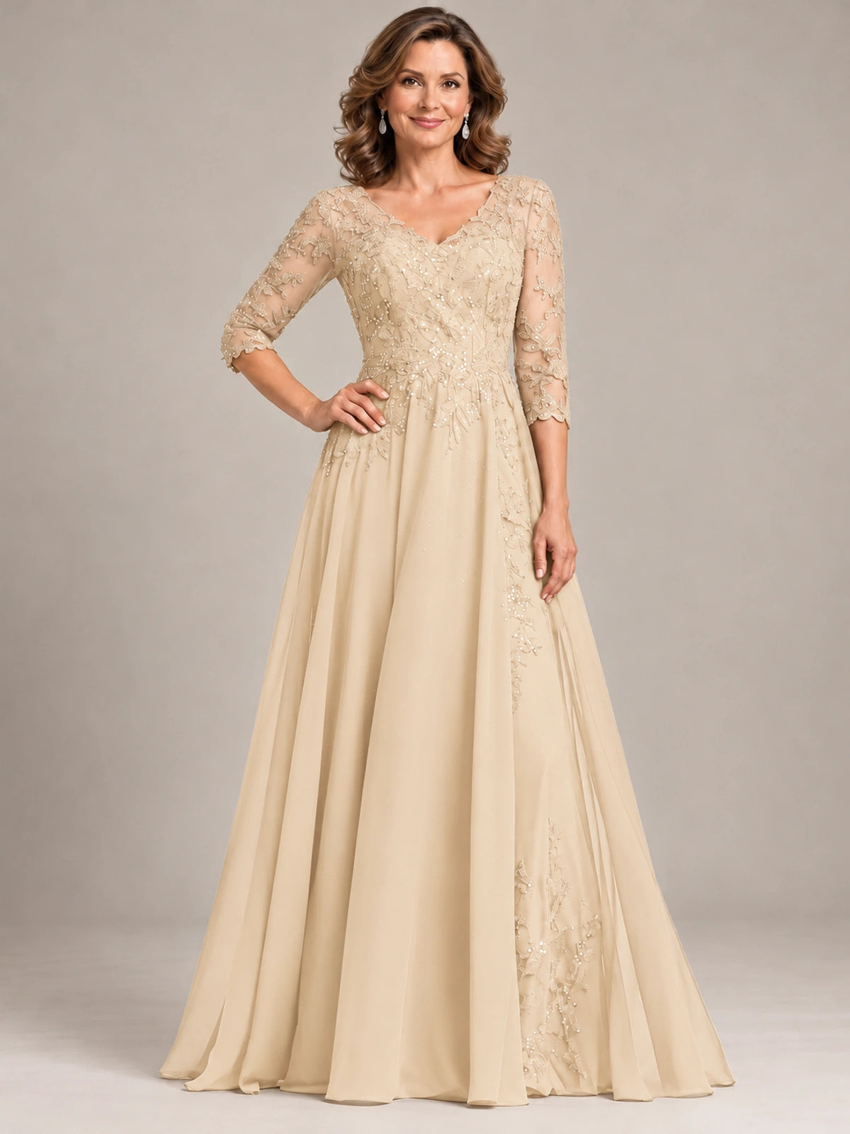 Sequin Lace A-Line Mother of the Bride Dress with 3/4 Sleeves