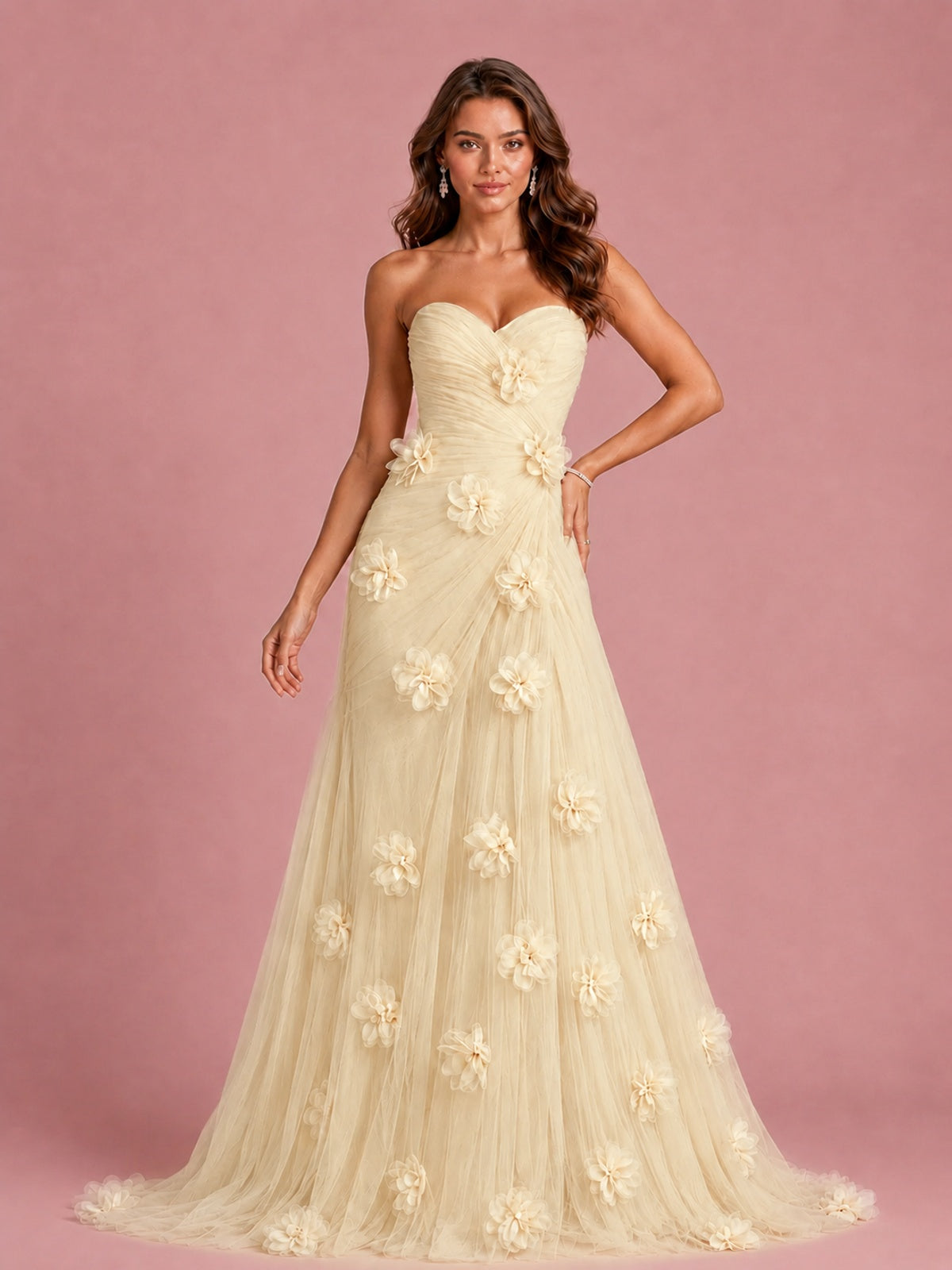 3D Floral Applique Strapless Tulle Prom Dress with High Slit