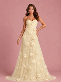 3D Floral Applique Strapless Tulle Prom Dress with High Slit