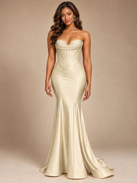 Red Strapless Satin Mermaid Prom Dress with Corset Bodice