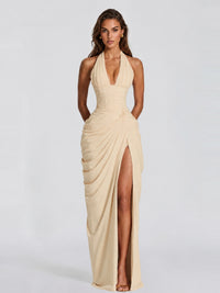 Ruched Halter Neck High-Slit Prom & Evening Dress