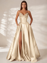 Champagne Strapless Corset Satin Prom Dress Long Evening Gown with High Slit