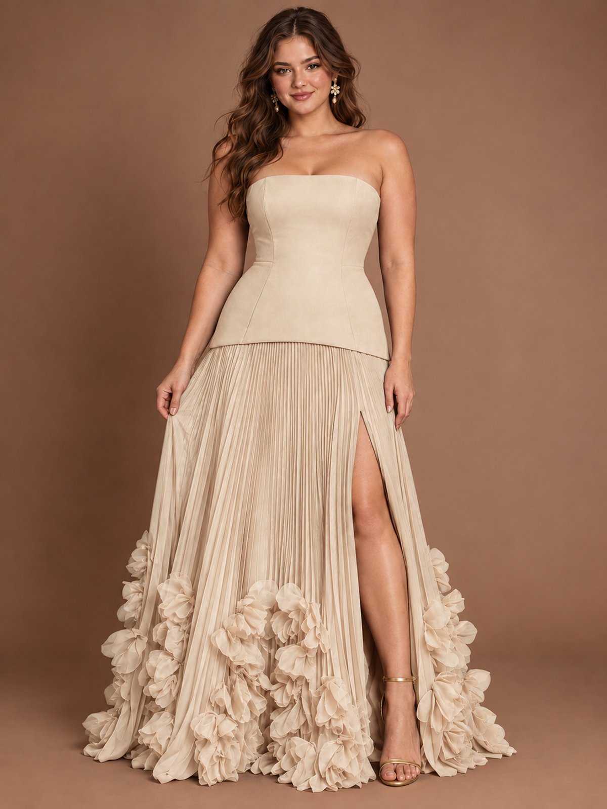 Strapless Pleated Floral Satin Formal Dress with Side Slit