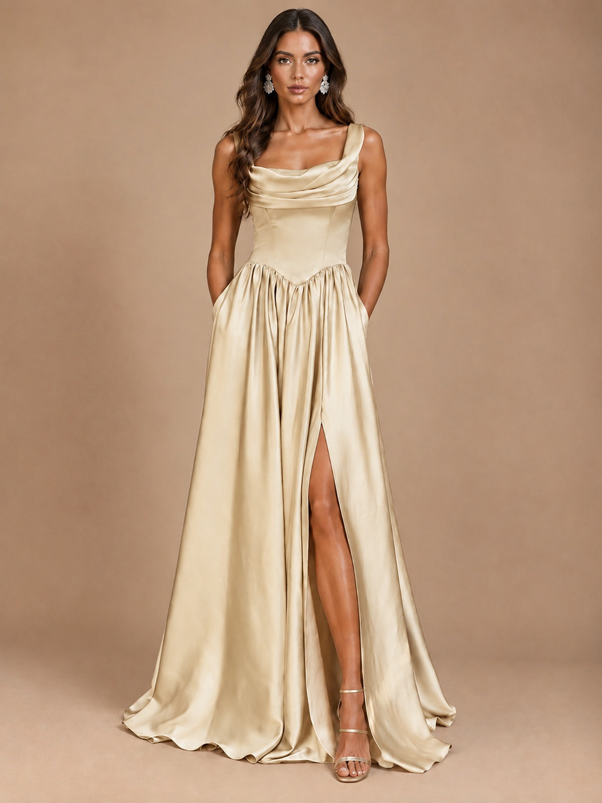 Cowl Neck Pleated Satin Prom Dress with Pockets & Slit Maxi Formal Gowns