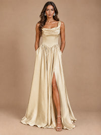 Cowl Neck Pleated Satin Prom Dress with Pockets & Slit Maxi Formal Gowns