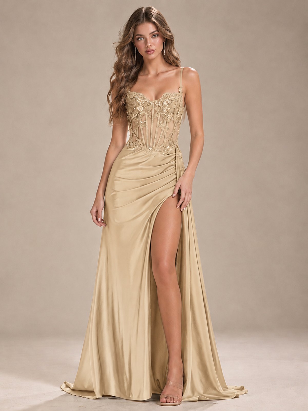 Mermaid Satin Prom Dress with Floral Appliqué Corset and High Slit