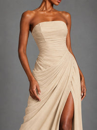 Strapless Bodycon Pleated Chiffon Formal Dress with Slit