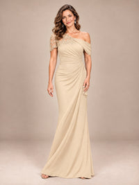 Champagne-Lace One Shoulder Chiffon Ruched Mother of The Bride Dresses