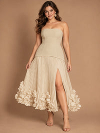 Navy Blue Strapless Pleated A-Line Midi Dress with 3D Floral Applique