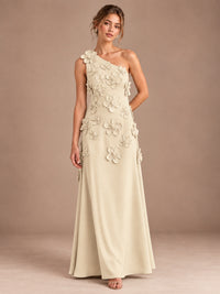 Champagne- One Shoulder Satin Formal Maxi Dress with 3D Floral