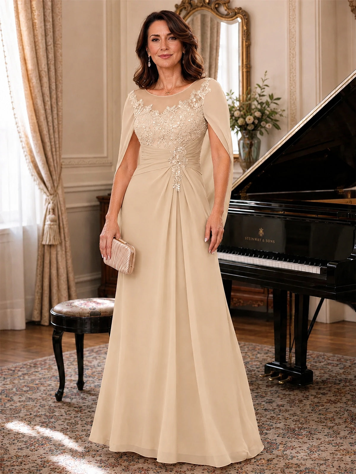 Elegant Applique Chiffon Mother of the Bride Dress with Cape Sleeves
