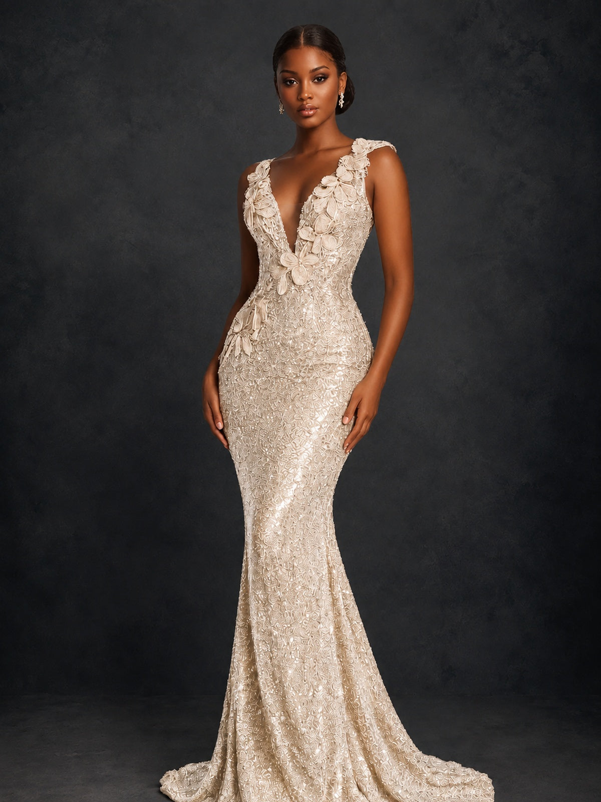 Gold Sequin Floral Applique Mermaid Prom Dress