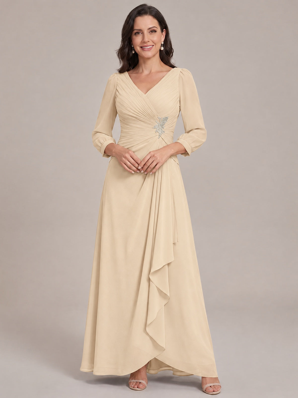 Champagne-Long Sleeve Chiffon Beaded Mother of The Bride Dresses for Women