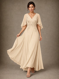 V-Neck Chiffon Lace Mother of the Bride Dress with Flutter Sleeves