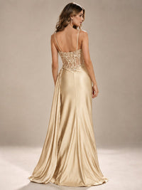 Mermaid Satin Prom Dress with Floral Appliqué Corset and High Slit