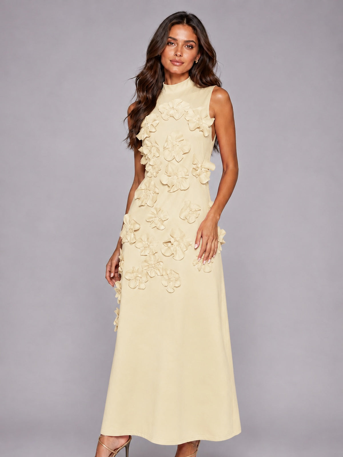 3D Floral Applique High Neck Prom Maxi Dress