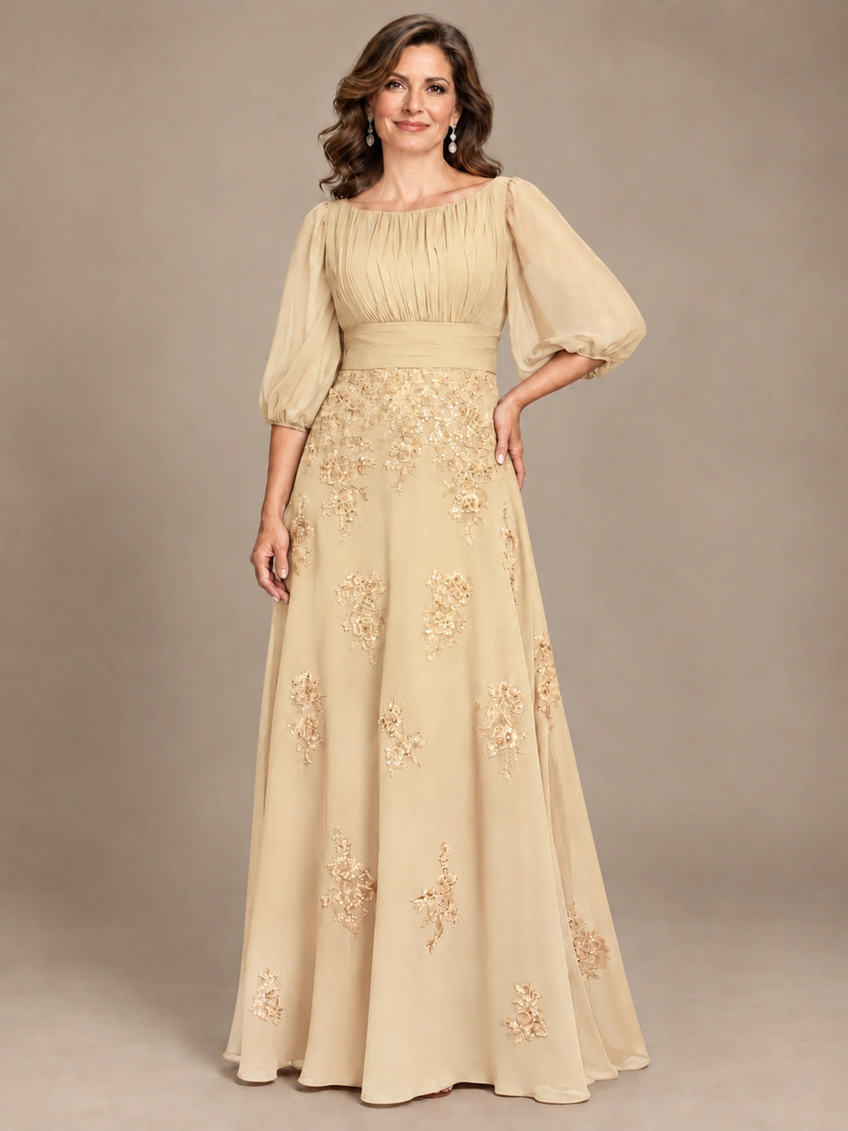 A-Line Mother of the Bride Dress with Sheer Puff Sleeves