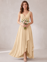 V-Neck High-Low Chiffon Bridesmaid Dress with Ruffles
