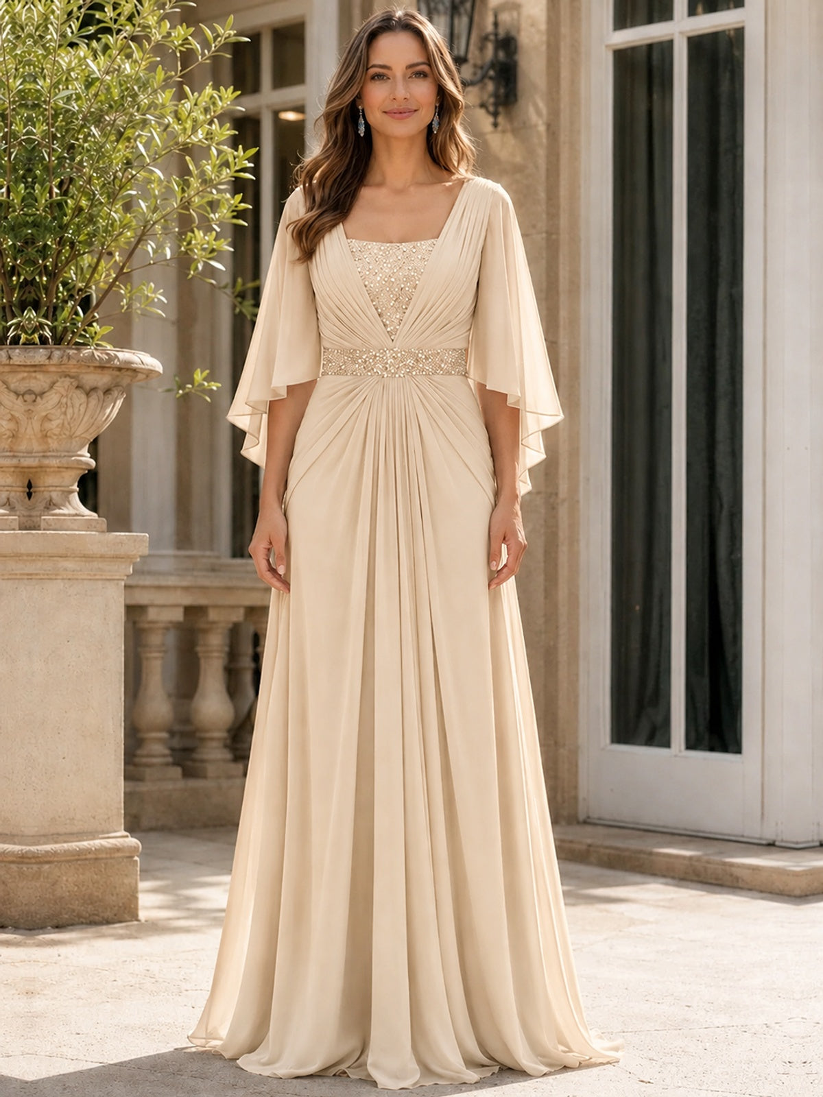 Elegant V-Neck Sequined Chiffon Mother of the Bride Dress with Flutter Sleeves