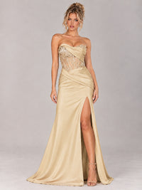 Strapless Satin Prom Dress with Sheer Lace Corset & High Slit