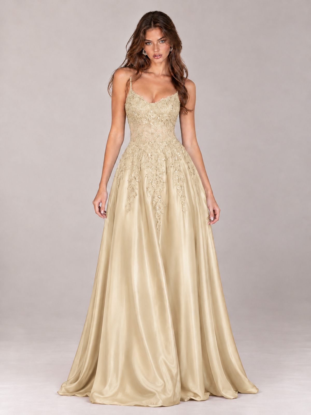 Lace Applique Satin A-Line Prom Dress with Sheer Bodice