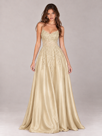 Lace Applique Satin A-Line Prom Dress with Sheer Bodice