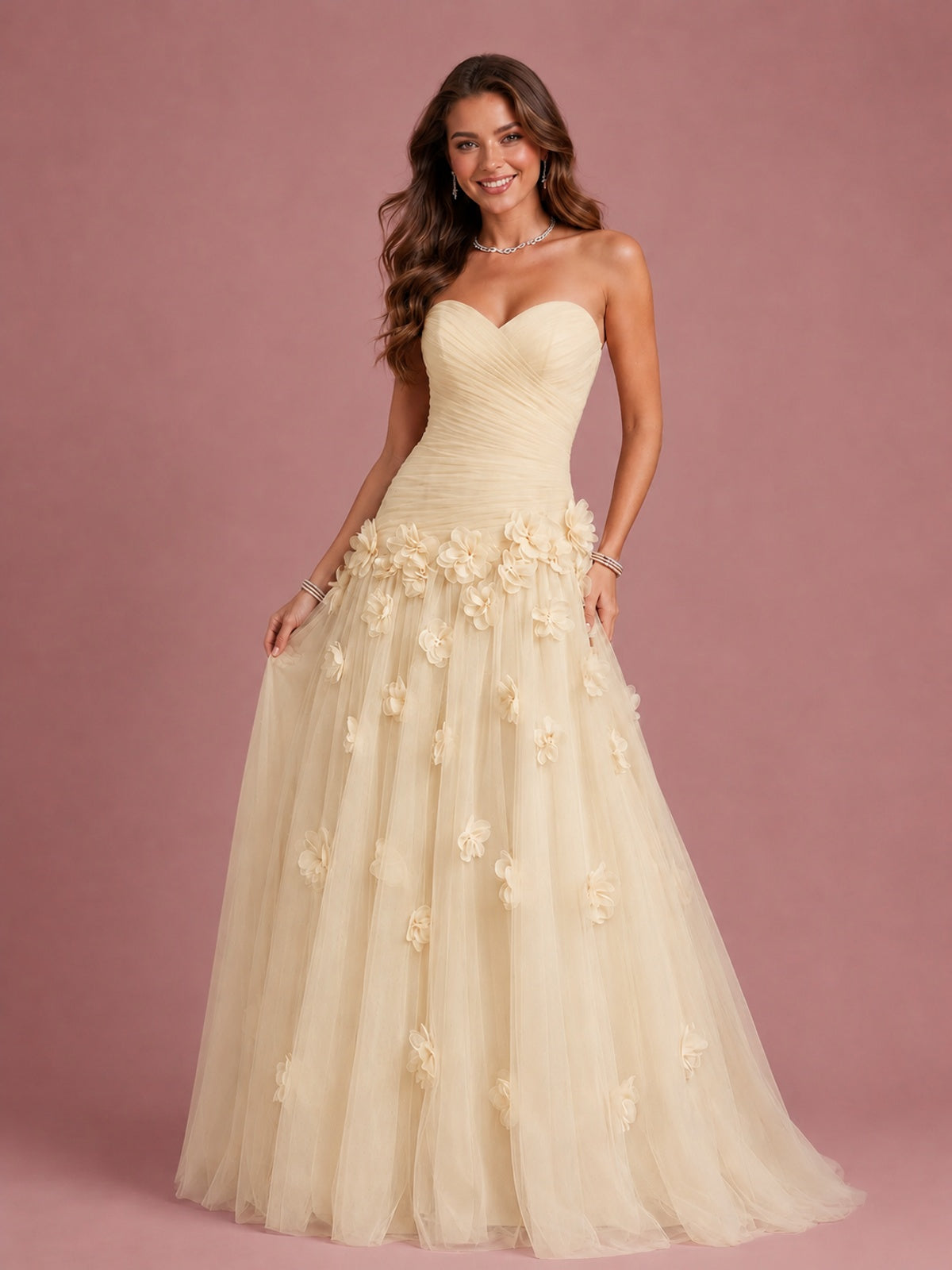 Blush Pink Strapless Sweetheart 3D Floral Tulle Ball Gown Prom Dres