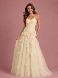 Blush Pink Strapless Sweetheart 3D Floral Tulle Ball Gown Prom Dres