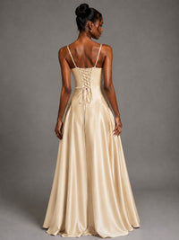 Lavender V Neck Satin Prom Dress with Spaghetti Straps