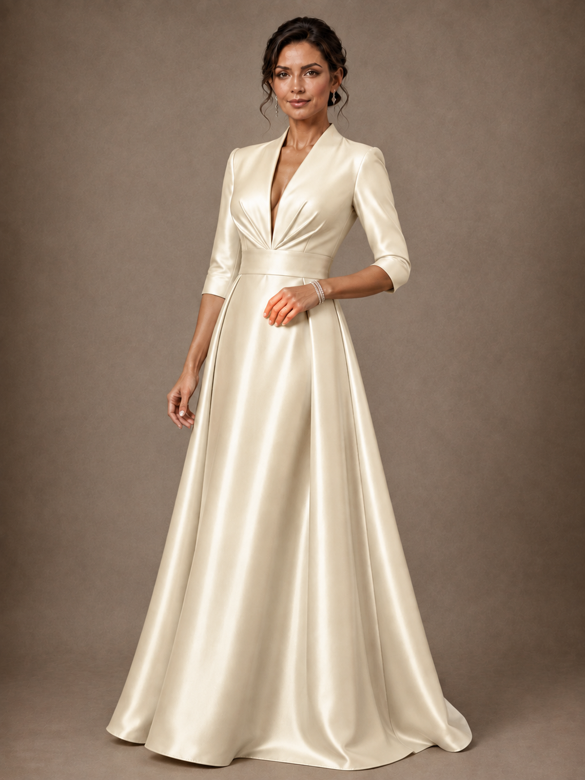 V-Neck Pleated Satin Mother of the Bride Gown with 3/4 Sleeves