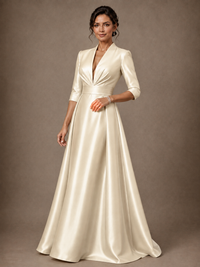 V-Neck Pleated Satin Mother of the Bride Gown with 3/4 Sleeves