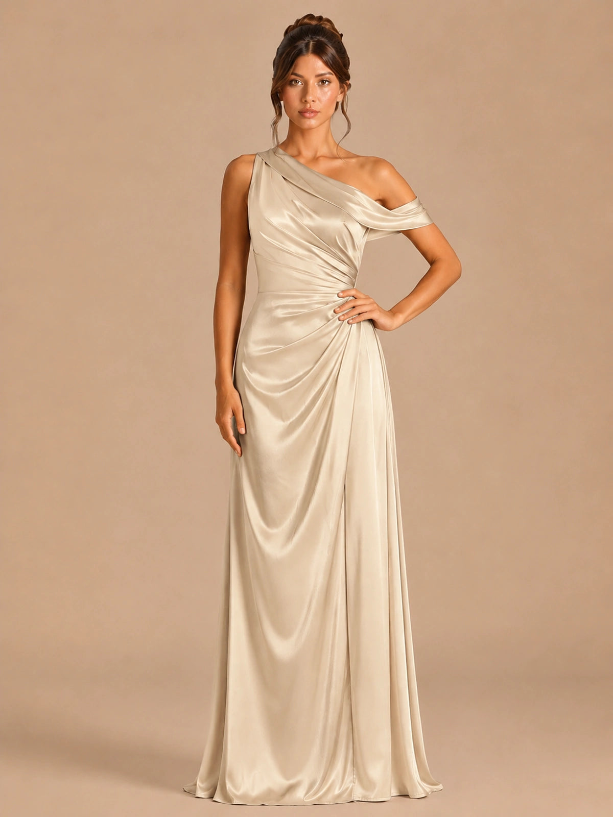 Champagne-satin one shoulder prom dress ruched long formal gow Jovelle