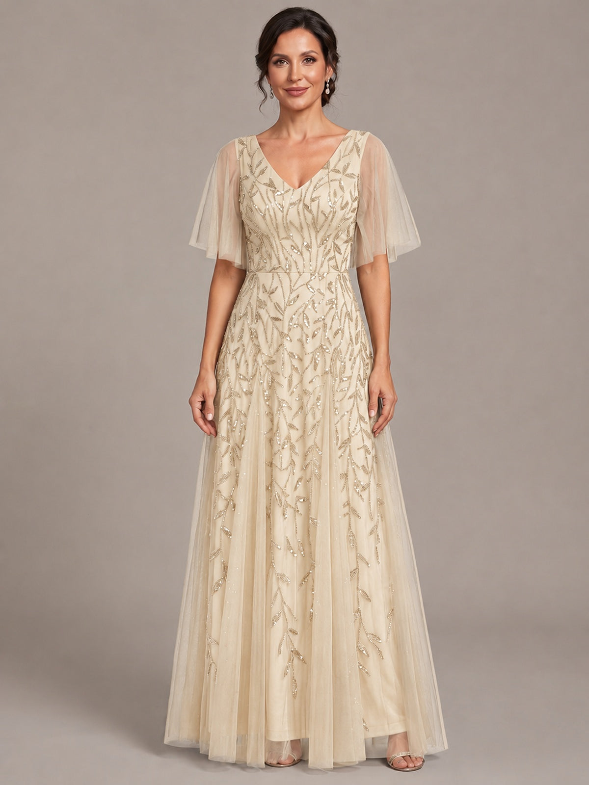 Champagne V-Neck Sequin Tulle Mother of the Bride Dress with Flutter Sleeve A-line Evening Formal Wedding Guest Dress
