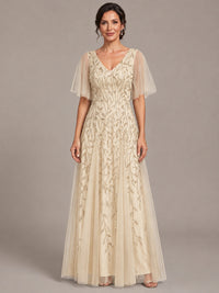 Champagne V-Neck Sequin Tulle Mother of the Bride Dress with Flutter Sleeve A-line Evening Formal Wedding Guest Dress