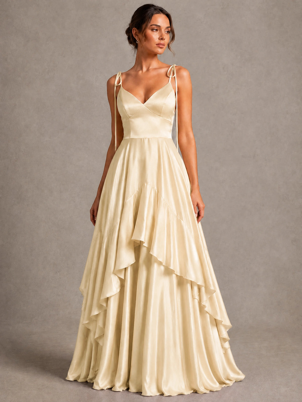 Lavender Satin V-Neck Ruffle Maxi Dress