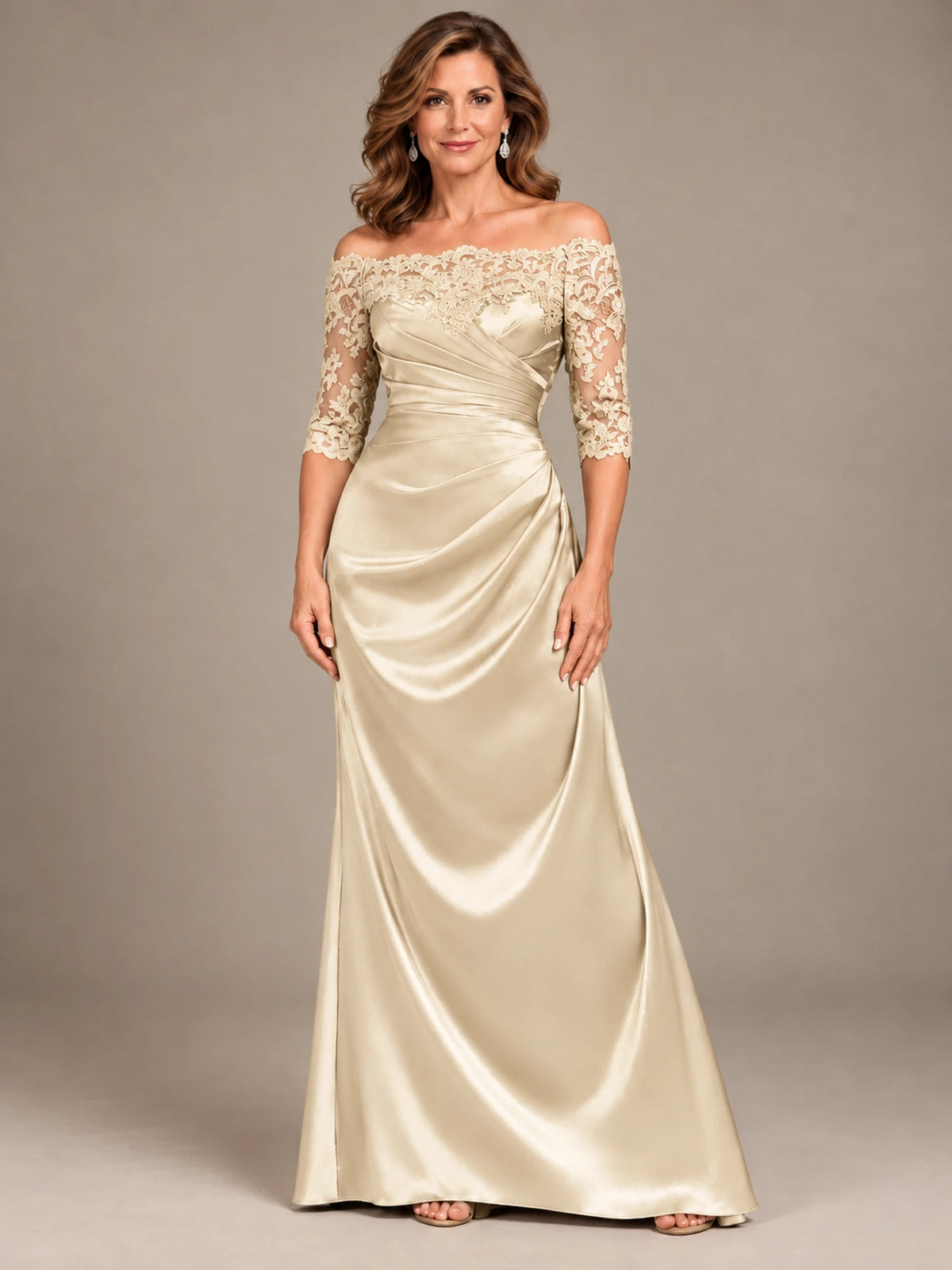 Satin Mother of the Bride Dress with Lace Sleeves Off Shoulder Formal Gown