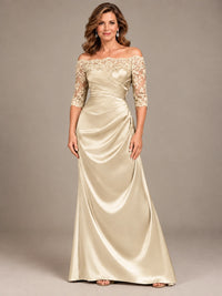 Satin Mother of the Bride Dress with Lace Sleeves Off Shoulder Formal Gown