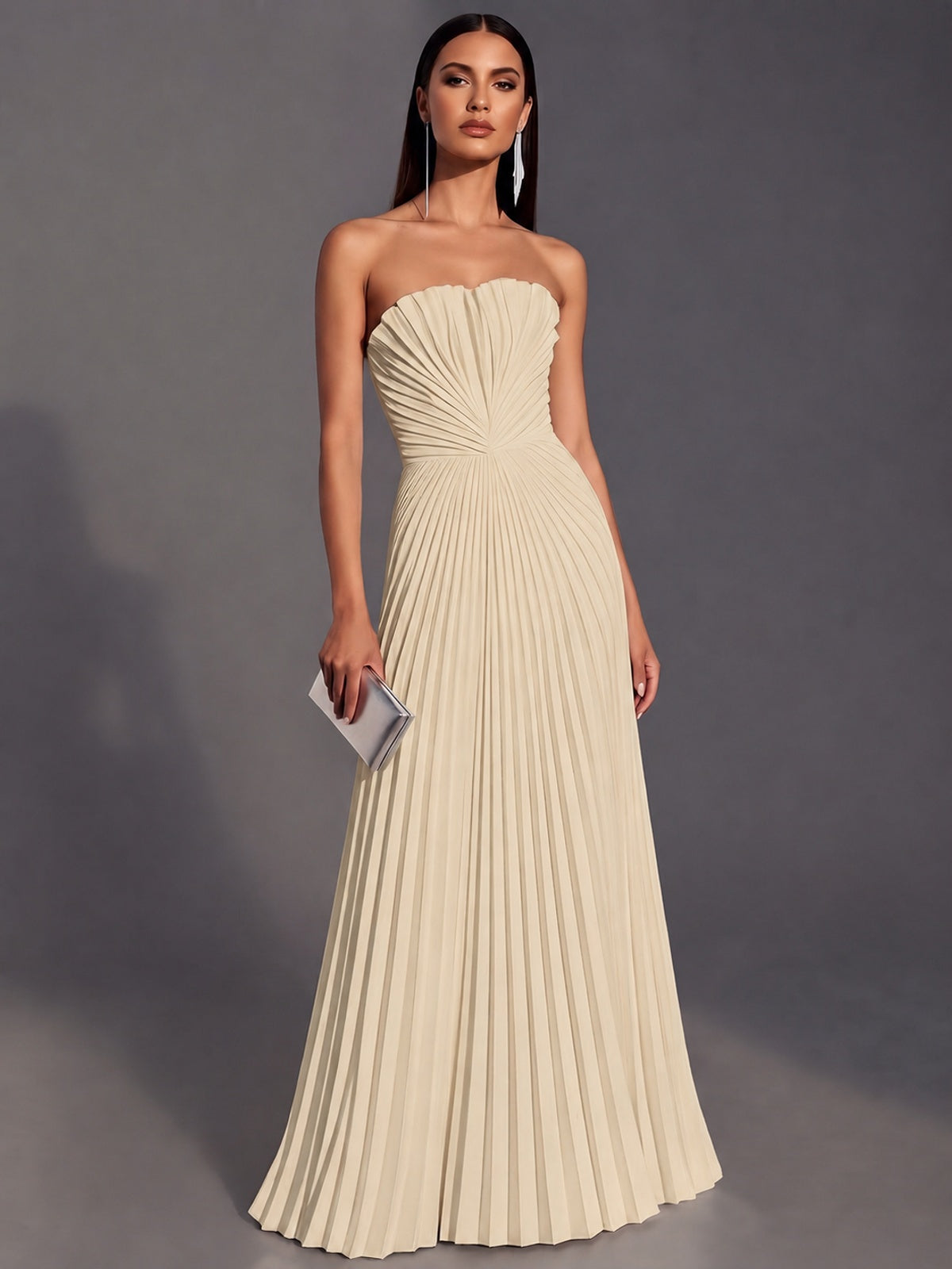 Champagne Strapless Pleated Satin Prom Dress Long Formal Gown Evening Dress