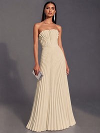 Champagne Strapless Pleated Satin Prom Dress Long Formal Gown Evening Dress