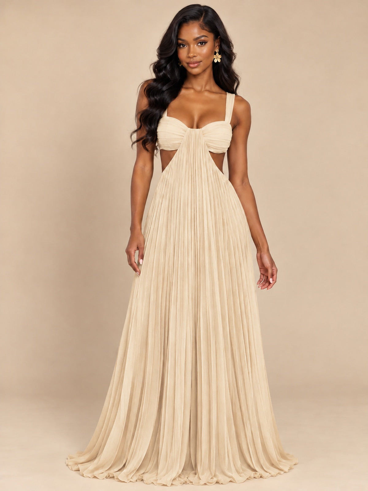 Butter Yellow Pleated Cutout Maxi Dress