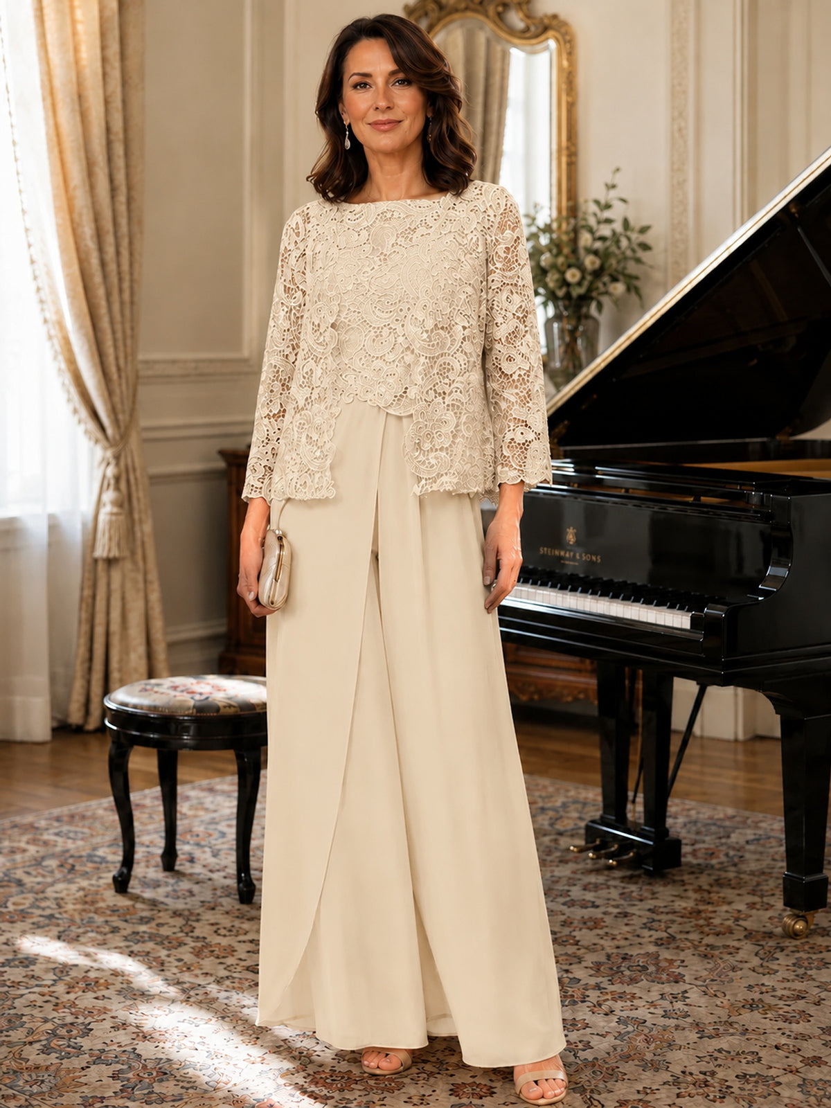 Elegant 3-Piece Chiffon Mother of the Bride Pantsuit with Floral Applique Jacket