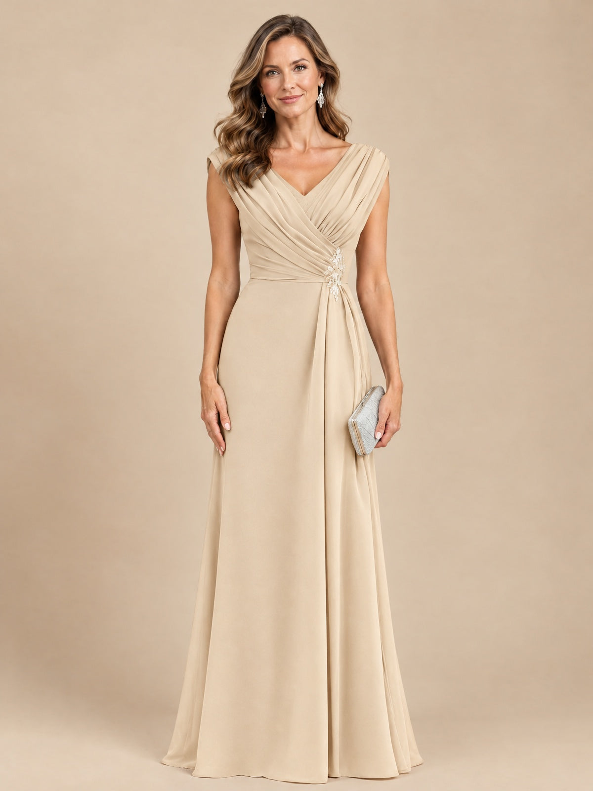 V Neck Pleated Mother of The Bride Dresses with Beading Cap Sleeves