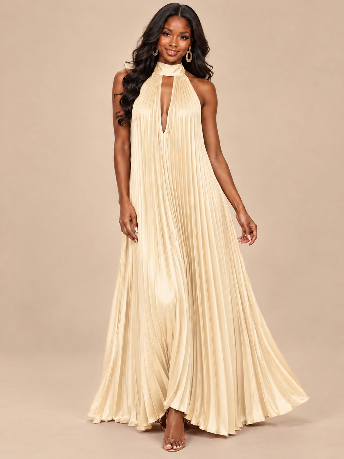 Rust Orange Pleated Halter Neck Maxi Dress