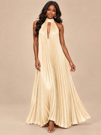 Rust Orange Pleated Halter Neck Maxi Dress