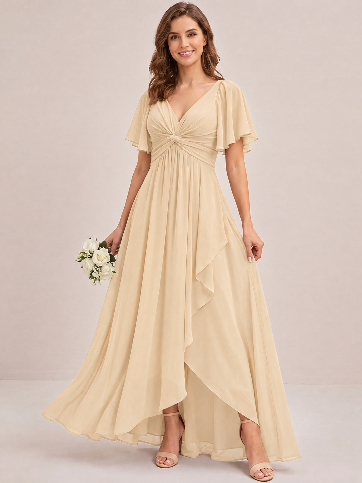 Dusty Blue Chiffon Bridesmaid Dress with Flutter Sleeves & High-Low Hem